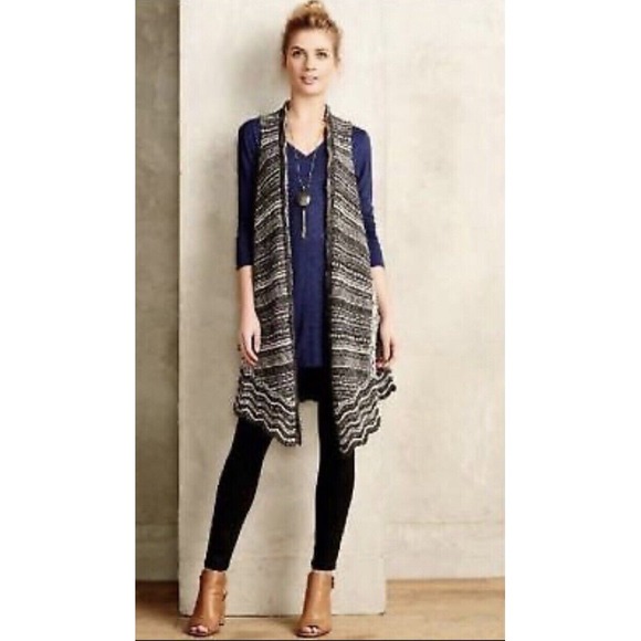 Anthropologie Moth Crocheted Long Vest Duster XS/S Striped‎ Gray - Picture 1 of 10